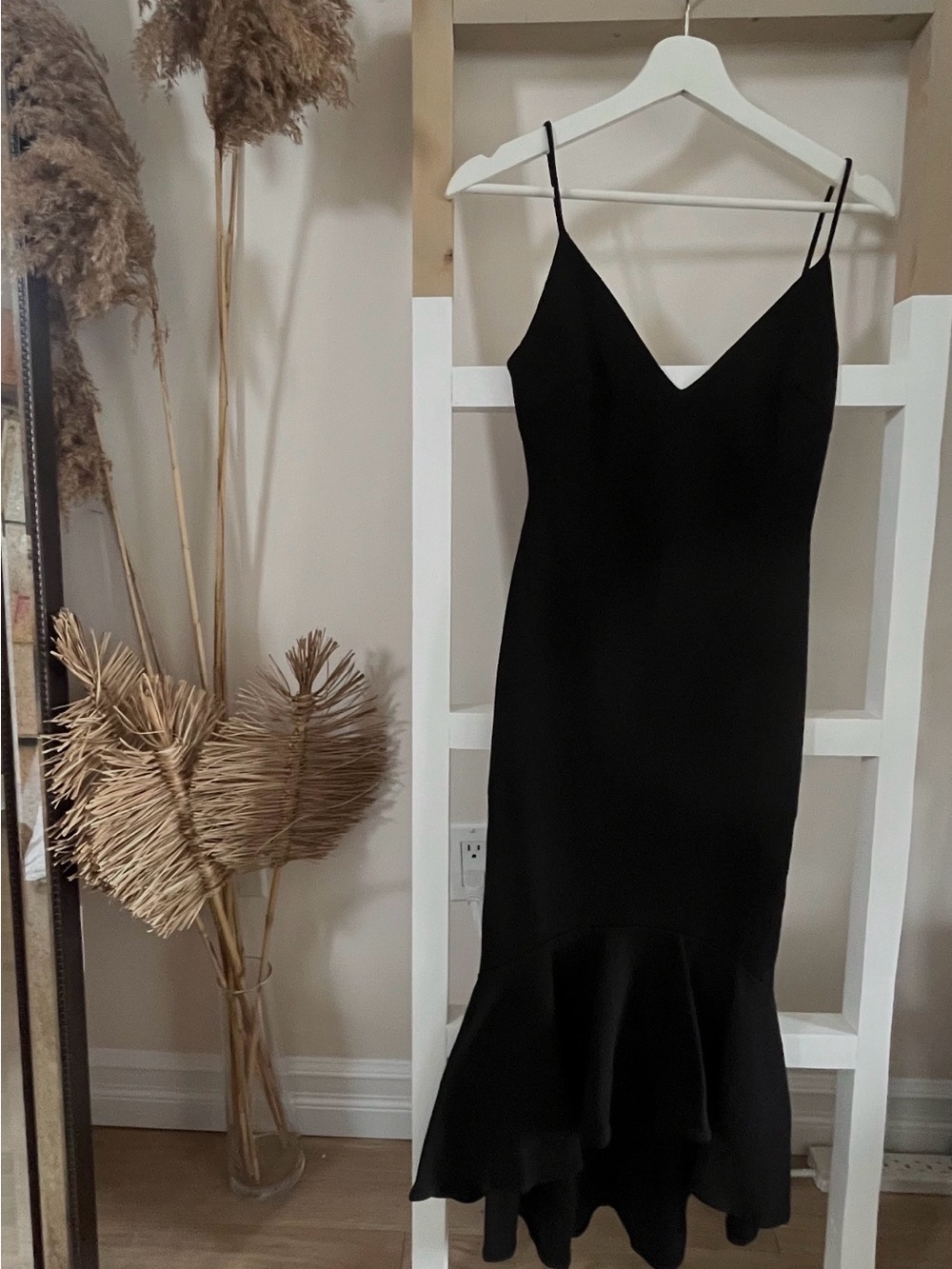Lovely Day Black V-Neck Slip Midi Dress with Flounced Hem